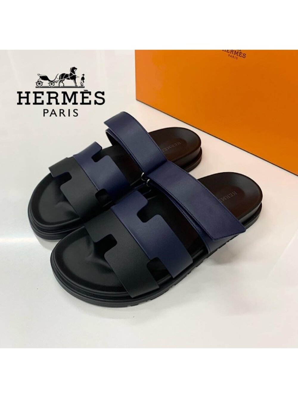 Hermes Chypre Leather Velcro Strap Sandals Navy Black